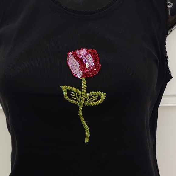 Sequin Flower Beaded Ribbed Black Tank 2pc - Picture 8 of 8